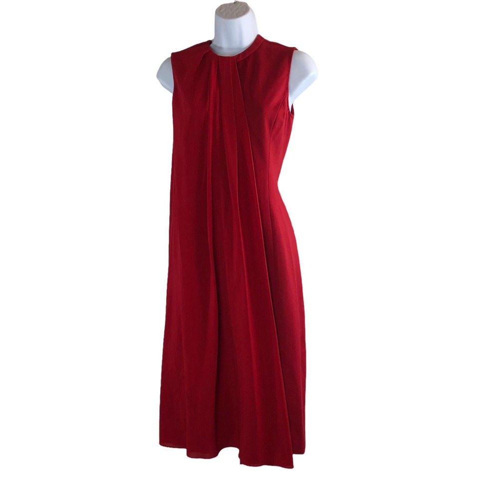 J. Peterman Sleeveless Chiffon Overlay Pleated Dress Red Size 0 Stretch Cocktail - Picture 14 of 15